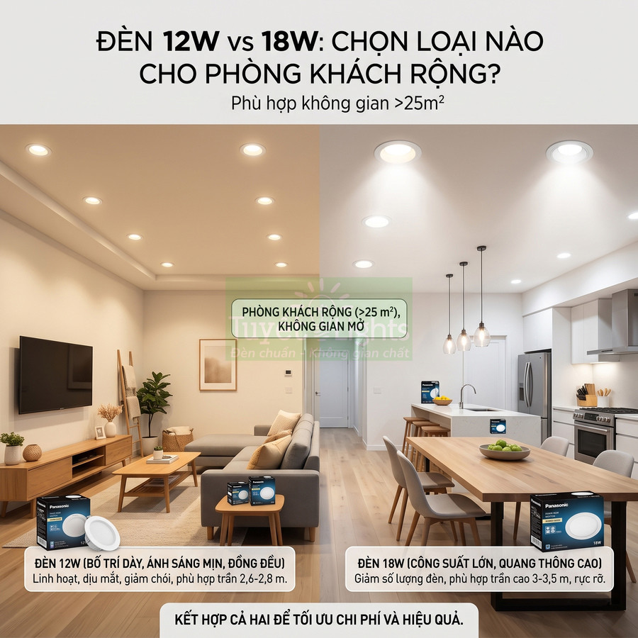 Đèn LED âm trần Panasonic 12W và 18W lắp phòng khách rộng trên 25m2, trần cao, ánh sáng trắng hiện đại