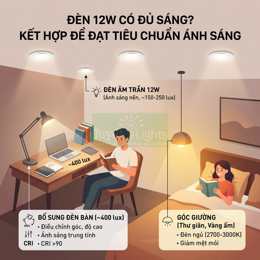 Đèn âm trần 12W kết hợp đèn bàn và đèn ngủ vàng ấm cho phòng làm việc và phòng ngủ đạt chuẩn ánh sáng