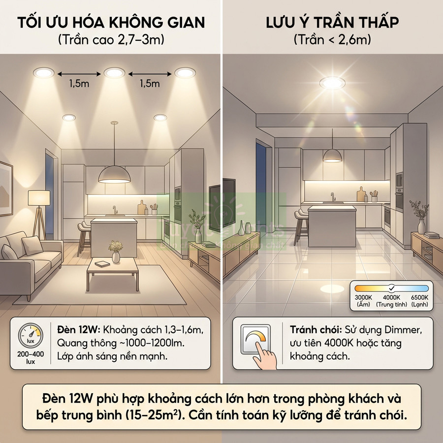 Minh họa bố trí đèn LED âm trần 12W cho phòng khách và bếp, hướng dẫn khoảng cách lắp và tránh chói cho trần cao thấp