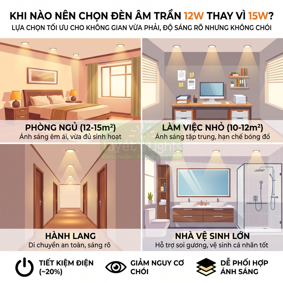Hướng dẫn chọn đèn âm trần 12W cho phòng ngủ, phòng làm việc nhỏ, hành lang và nhà vệ sinh lớn, nhấn mạnh tiết kiệm điện