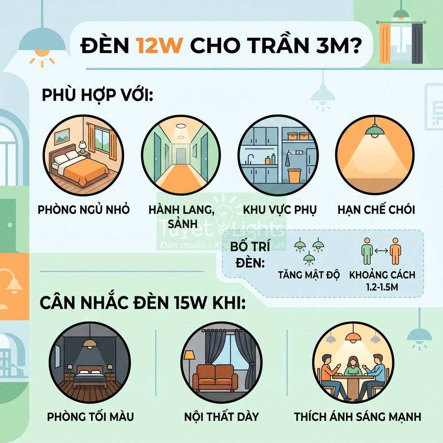 Infographic hướng dẫn chọn đèn LED 12W hoặc 15W cho trần cao 3m theo từng không gian phòng