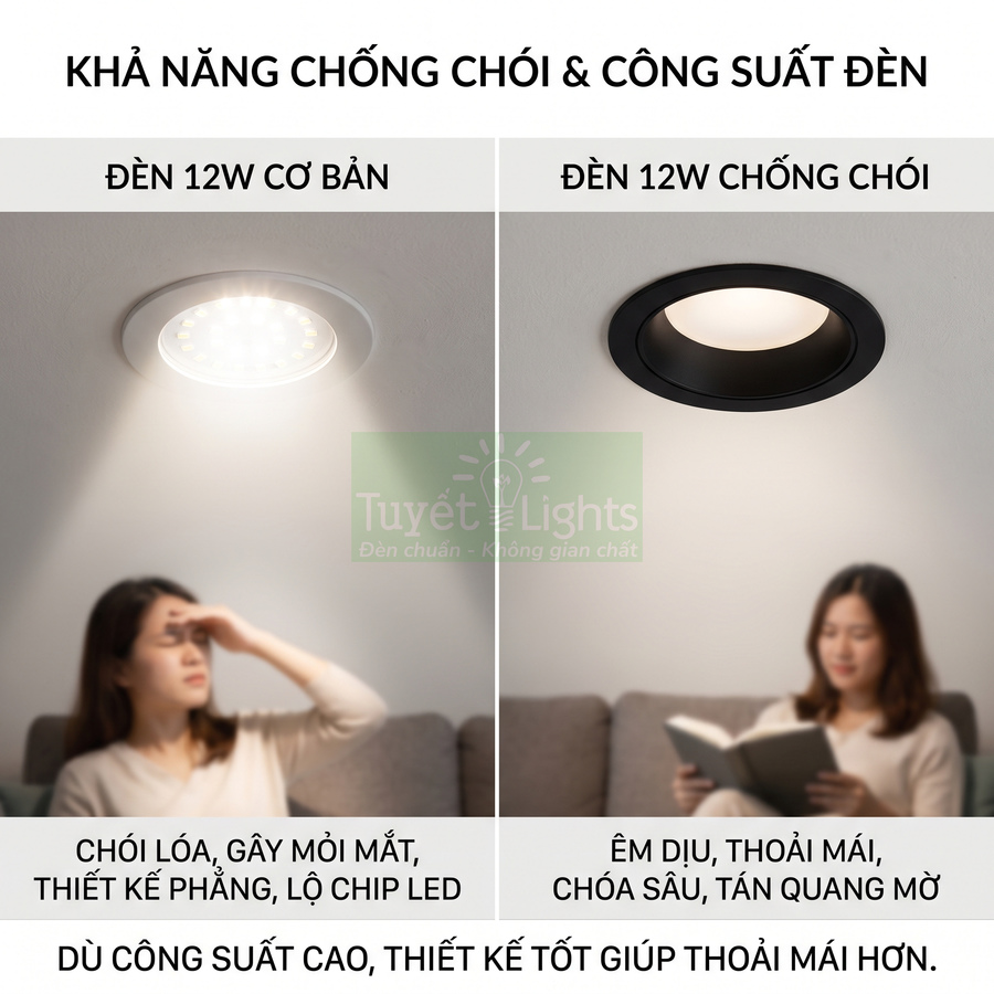 So sánh đèn âm trần 12W cơ bản và đèn 12W chống chói Tuyết Lights trong phòng khách