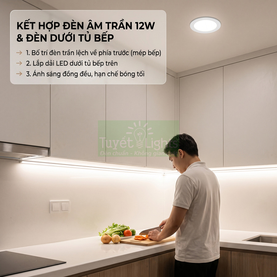 Đèn âm trần 12W kết hợp đèn LED dưới tủ bếp chiếu sáng đều khu vực nấu ăn hiện đại