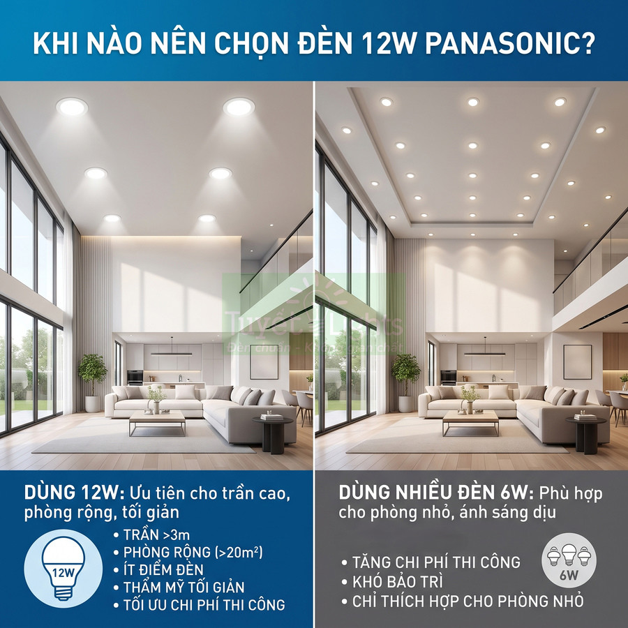 So sánh bố trí đèn âm trần Panasonic 12W và nhiều đèn 6W trong phòng khách trần cao hiện đại