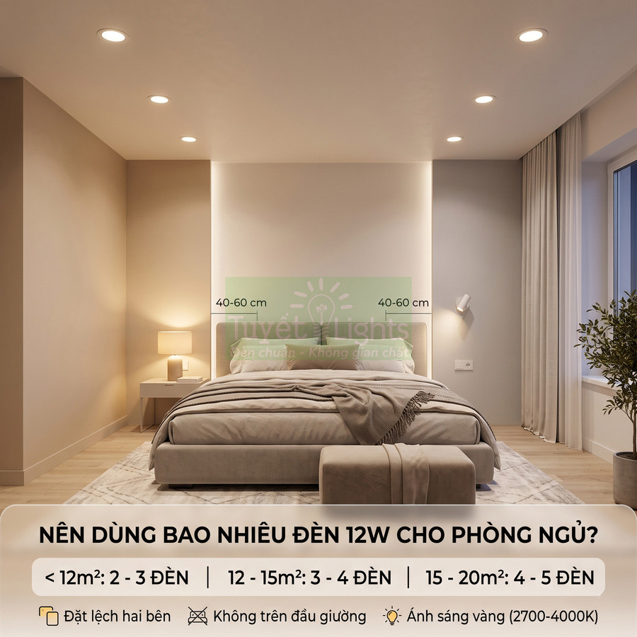Phòng ngủ hiện đại lắp nhiều đèn âm trần 12W ánh sáng vàng bố trí hai bên giường ngủ