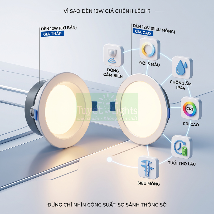 So sánh đèn LED âm trần 12W cơ bản và đèn LED 12W siêu mỏng nhiều tính năng của Tuyết Lights