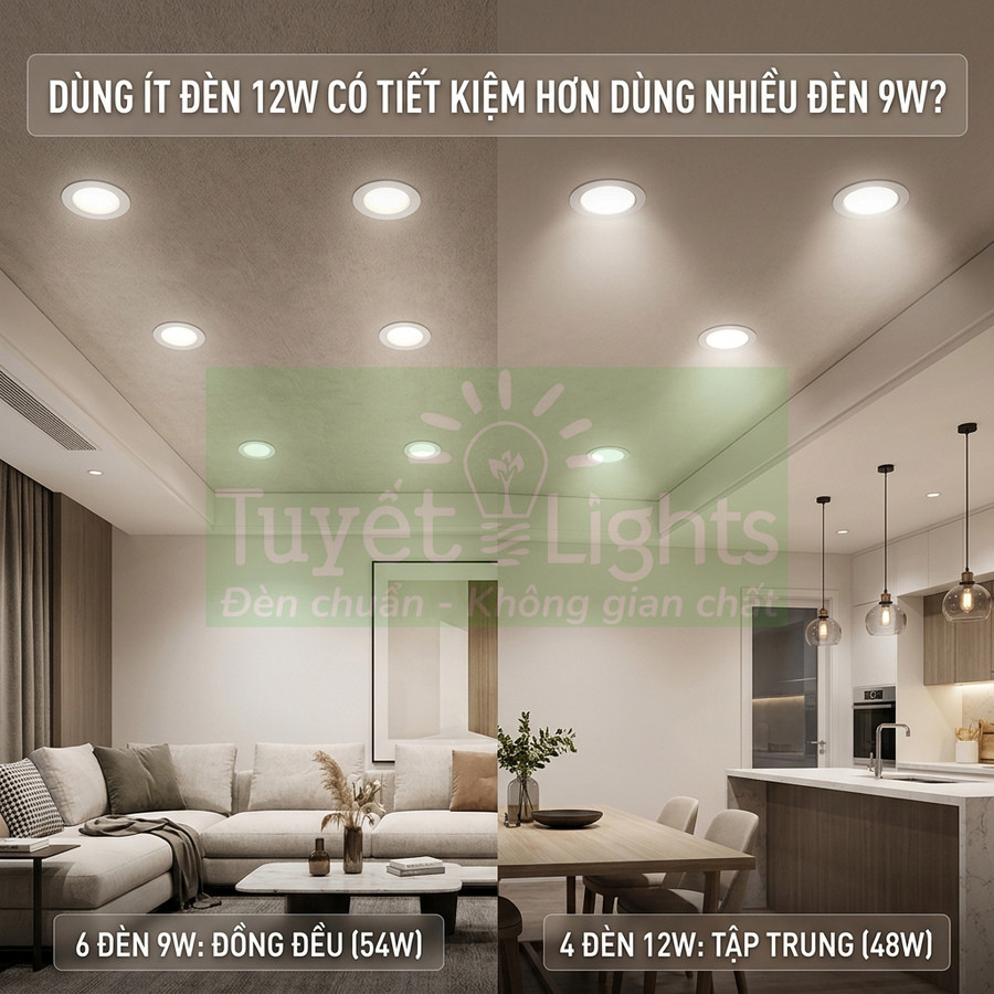 So sánh chiếu sáng phòng khách và bếp với đèn âm trần 9W và 12W của Tuyết Lights