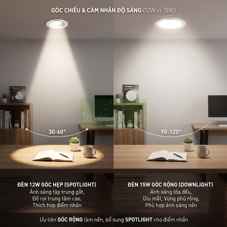So sánh đèn LED âm trần Panasonic 12W góc hẹp và 15W góc rộng chiếu sáng bàn làm việc