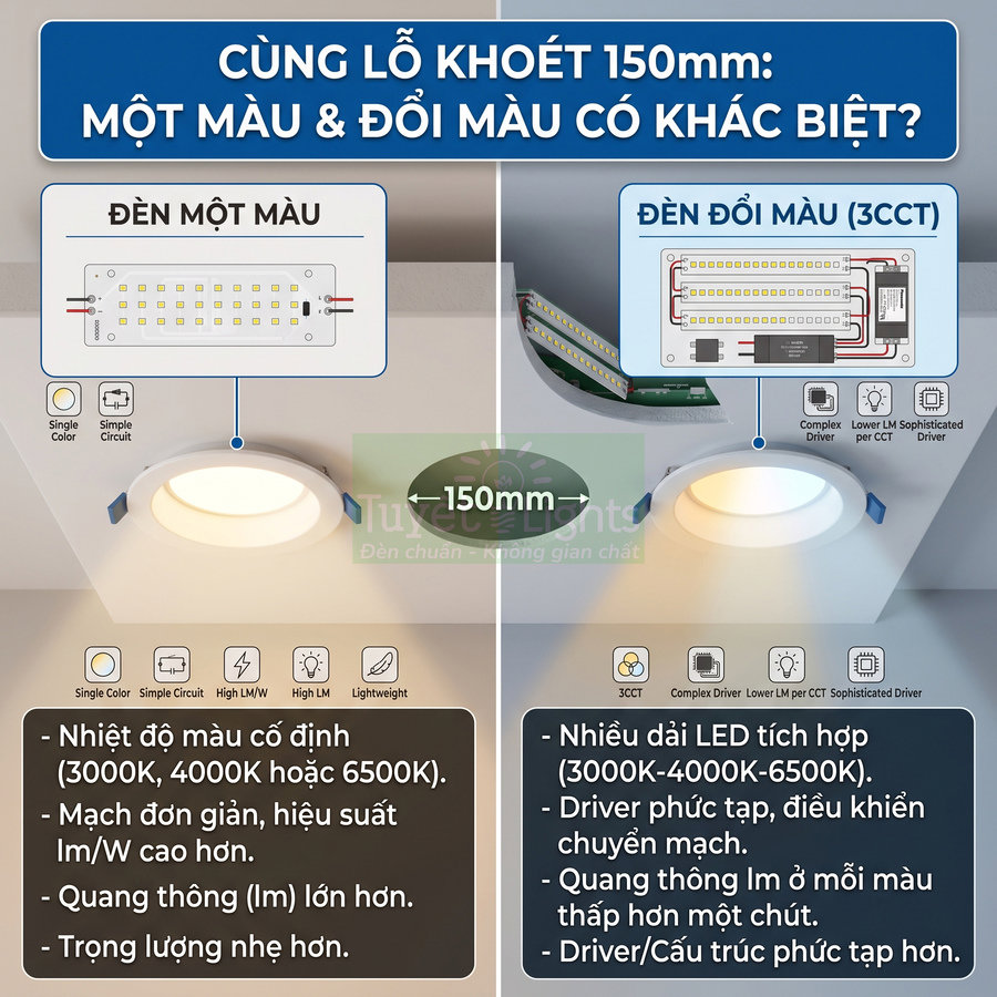 So sánh đèn âm trần lỗ khoét 150mm một màu và đèn đổi màu 3CCT với cấu tạo và ưu nhược điểm