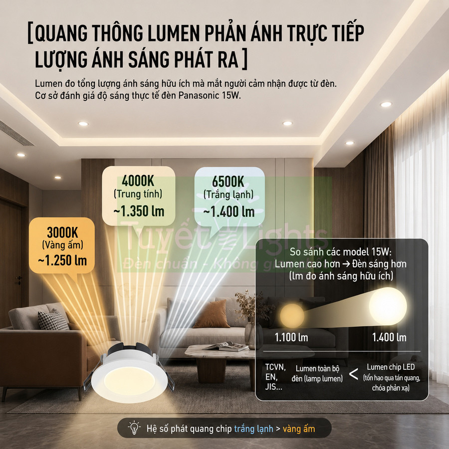 Đèn LED âm trần Panasonic 15W trong phòng khách, so sánh độ sáng 3000K 4000K 6500K và chỉ số lumen