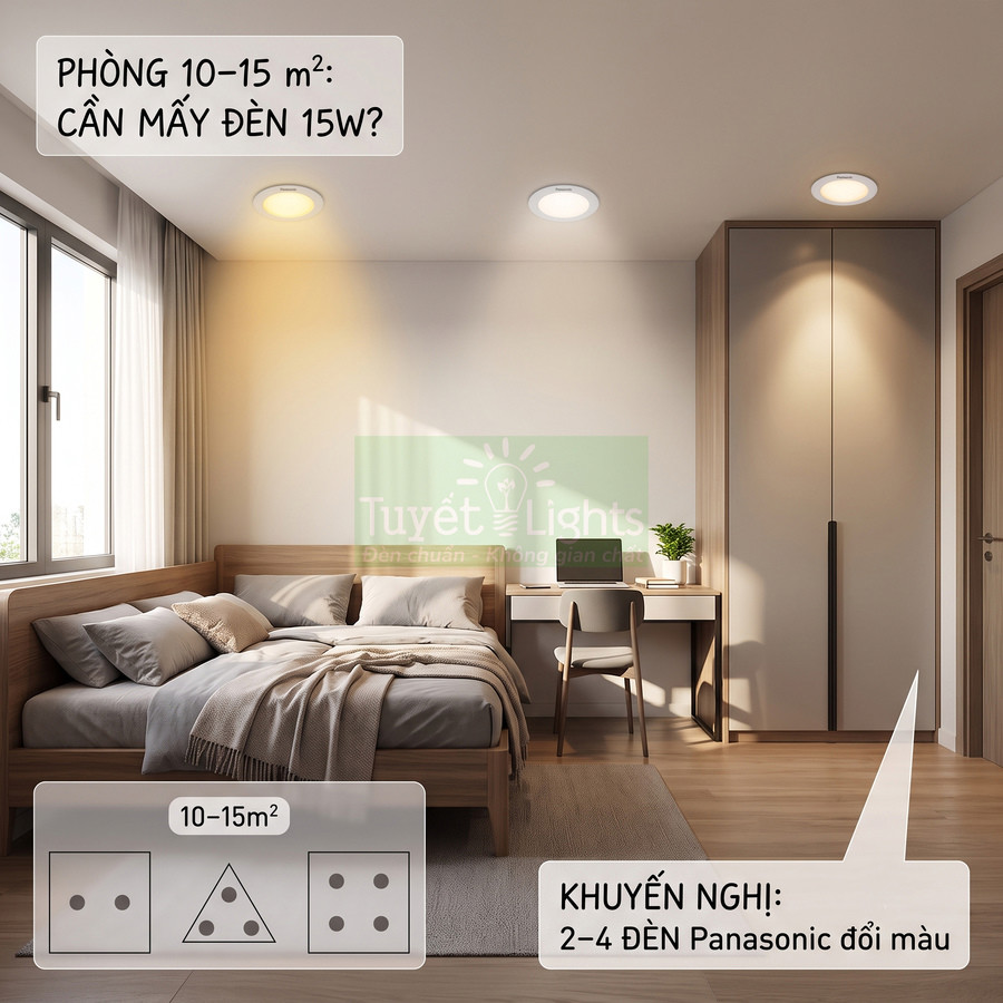Phòng ngủ 10 15m2 lắp 2 4 đèn LED âm trần Panasonic đổi màu chiếu sáng trần nhà