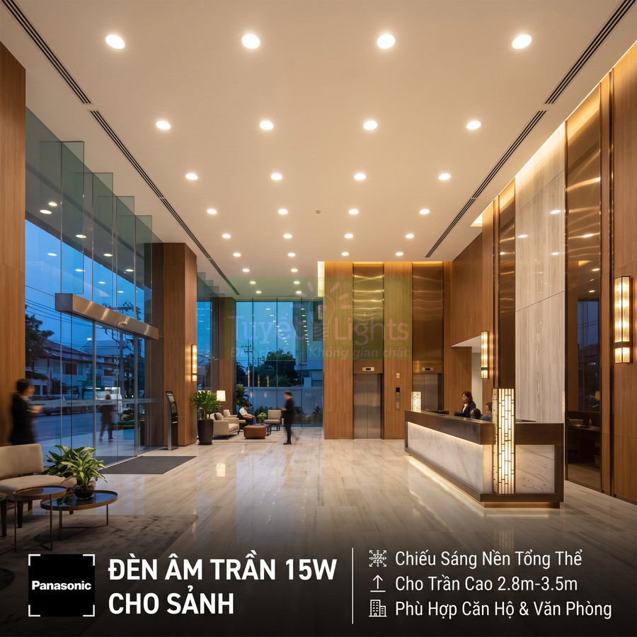 Đèn âm trần Panasonic 15W chiếu sáng sảnh tòa nhà hiện đại với trần cao và nội thất sang trọng