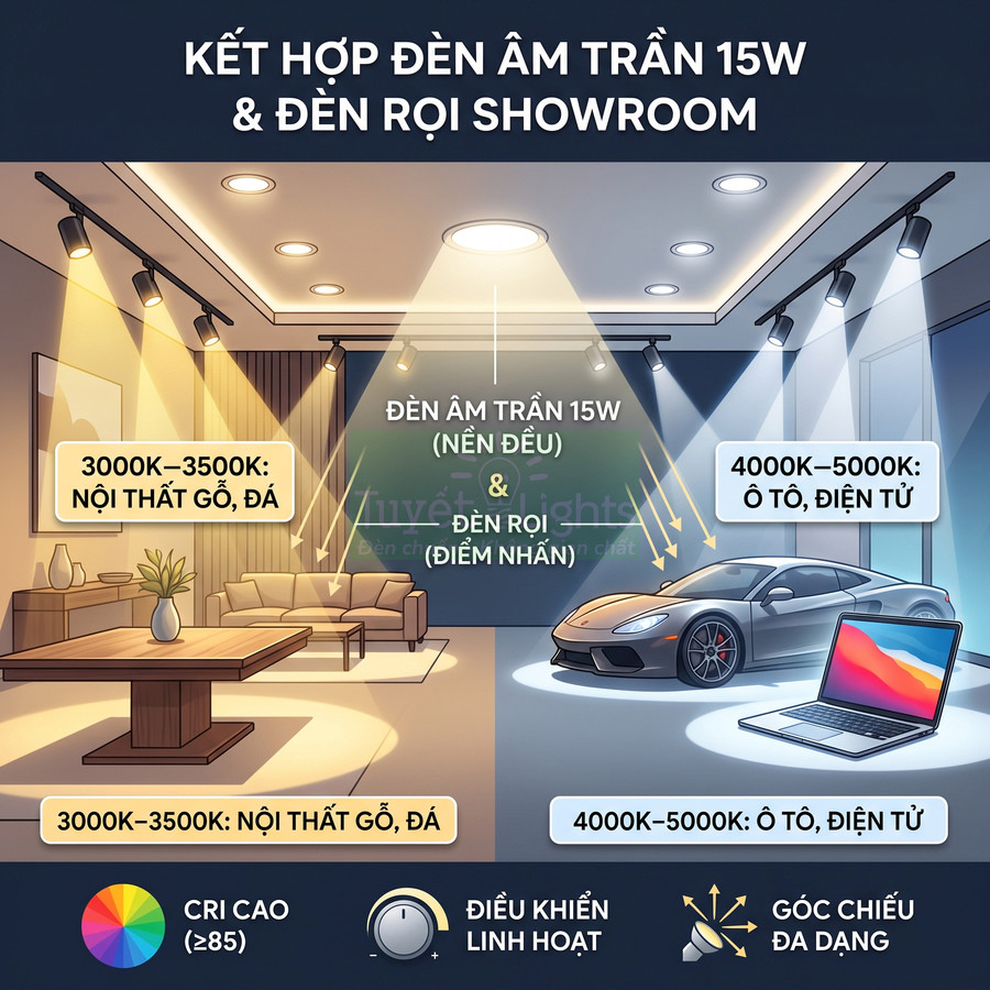 Đèn âm trần 15W kết hợp đèn rọi showroom chiếu sáng nội thất gỗ và khu trưng bày ô tô, điện tử