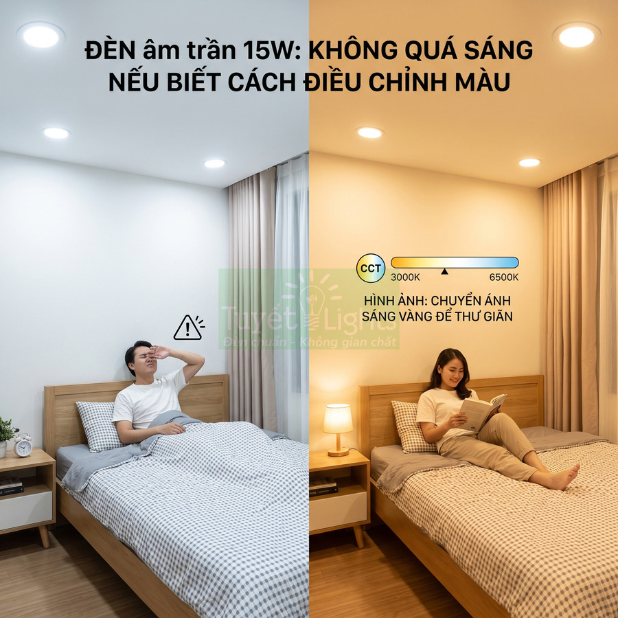 Đèn âm trần 15W điều chỉnh màu ánh sáng trắng và vàng trong phòng ngủ giúp tạo không gian thư giãn