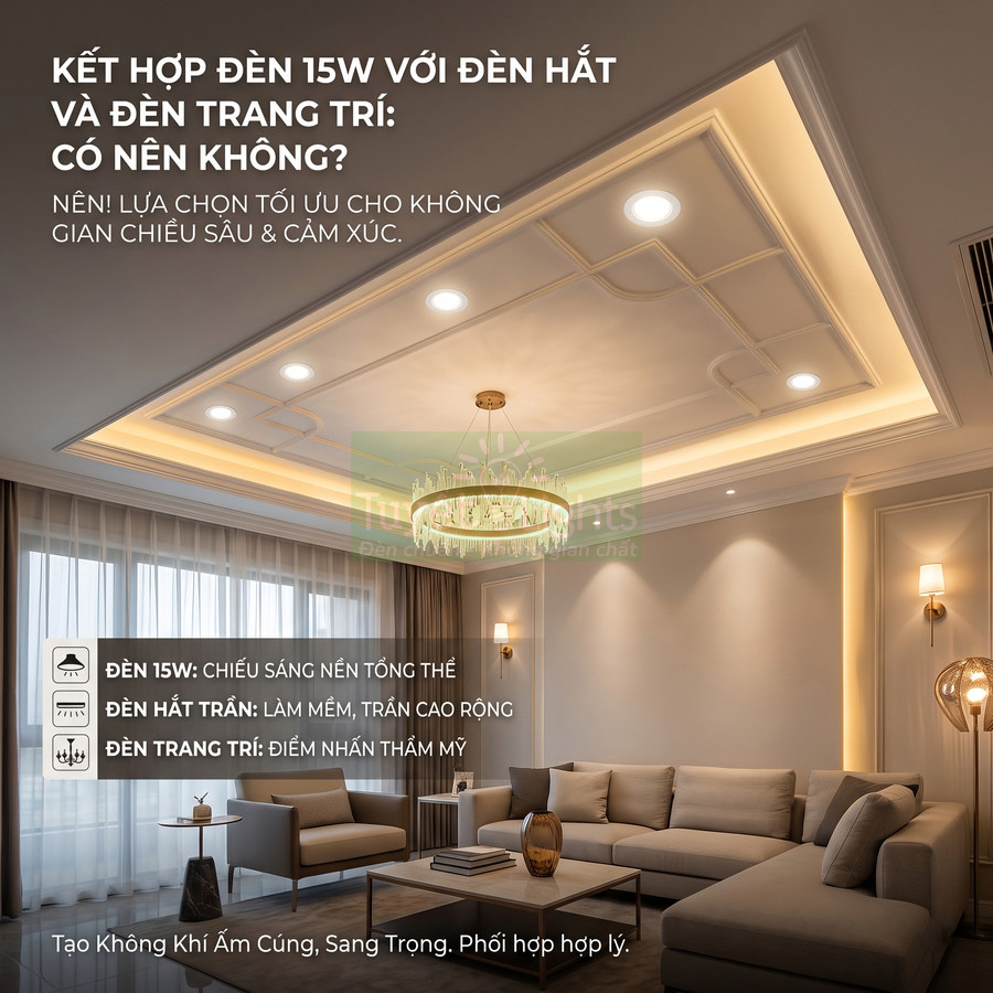 Phòng khách hiện đại với trần thạch cao lắp đèn âm trần 15W, đèn hắt trần và đèn trang trí tạo ánh sáng ấm cúng