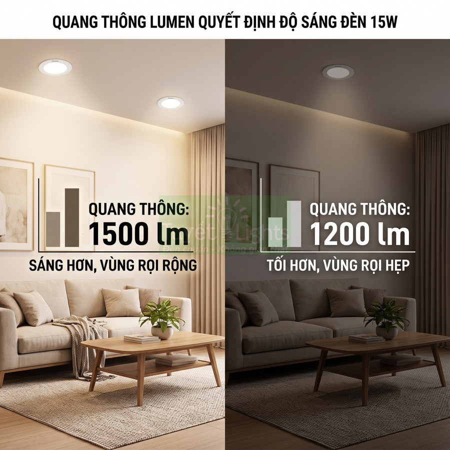 So sánh đèn LED âm trần 15W quang thông 1500 lm sáng rộng và 1200 lm ánh sáng yếu hơn trong phòng khách