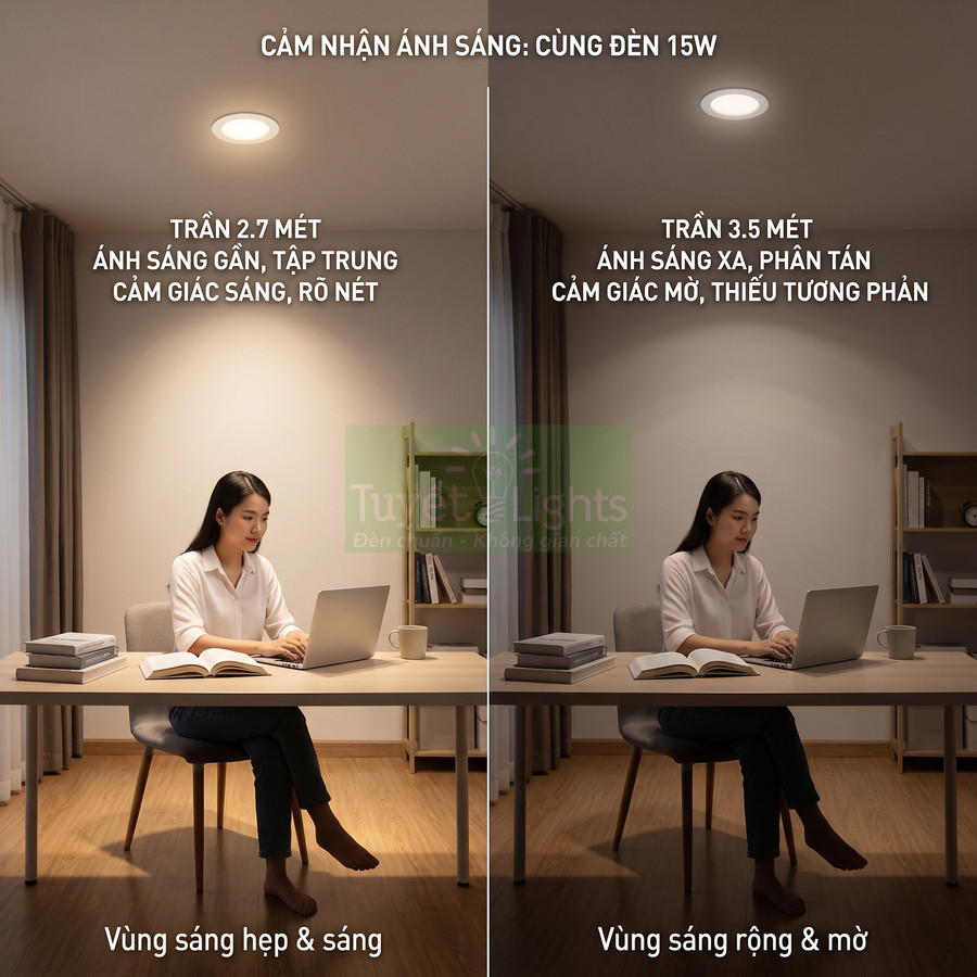 So sánh ánh sáng đèn LED âm trần 15W ở trần 2.7m và 3.5m khi làm việc với laptop trên bàn làm việc