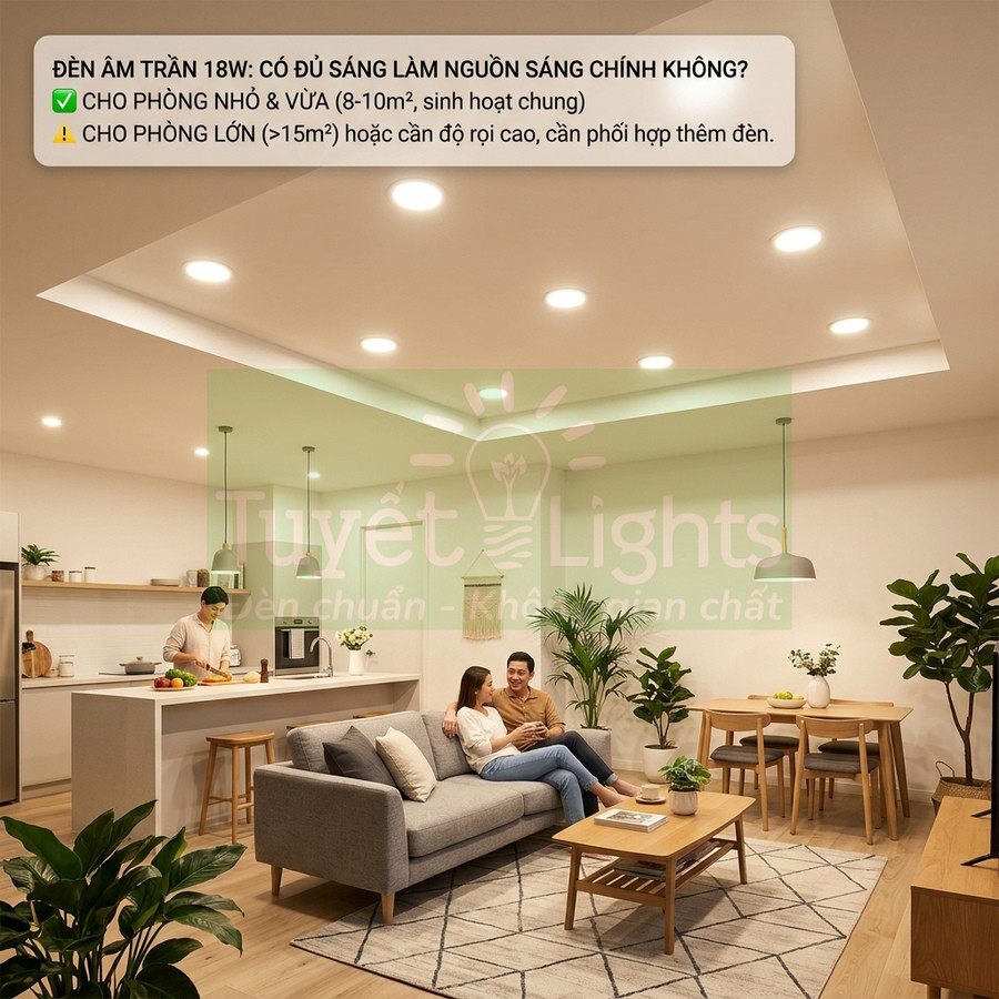 Đèn âm trần 18W Tuyết Lights chiếu sáng phòng khách liền bếp hiện đại, không gian ấm cúng
