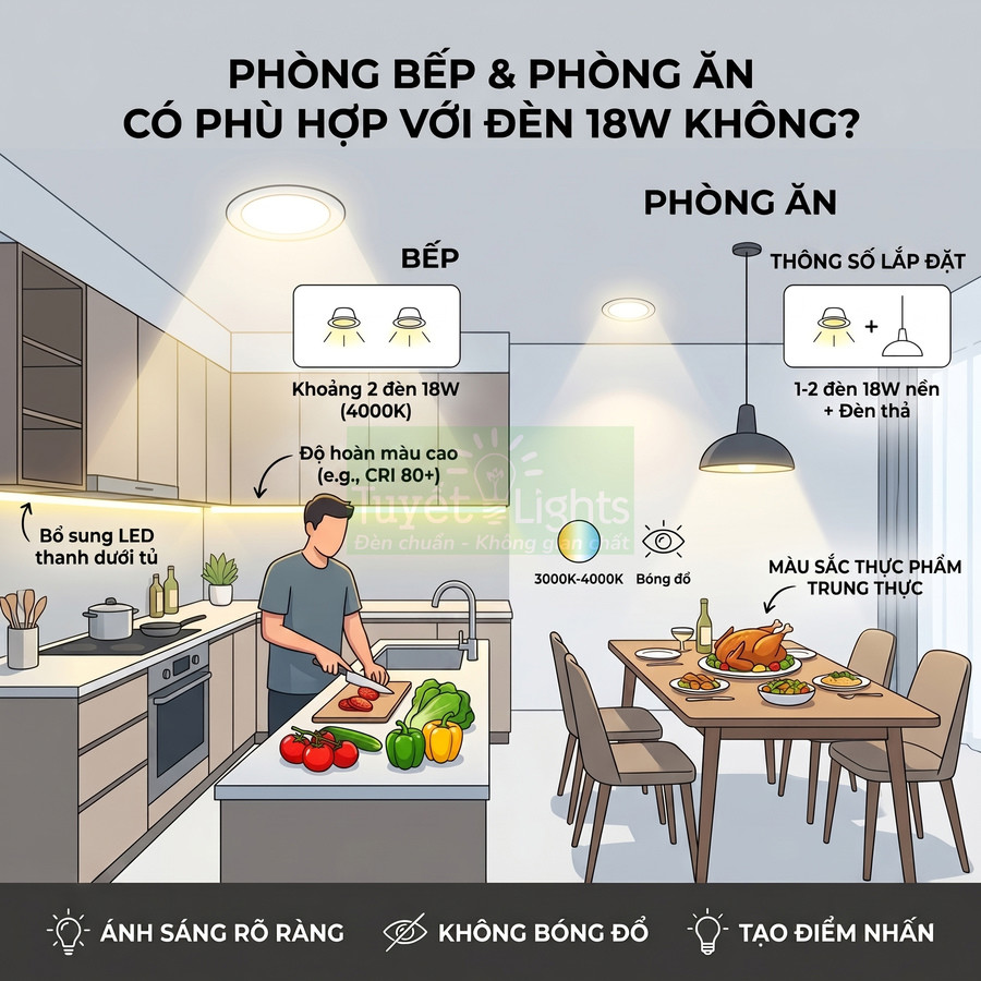 Minh họa bố trí đèn LED 18W cho phòng bếp và phòng ăn với ánh sáng rõ ràng, trung thực