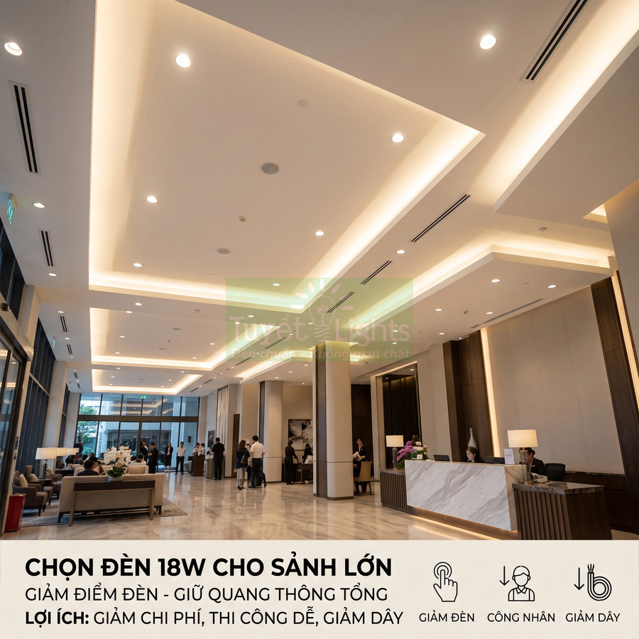 Đèn LED âm trần 18W chiếu sáng sảnh lớn khách sạn, ánh sáng vàng hiện đại, tiết kiệm điện