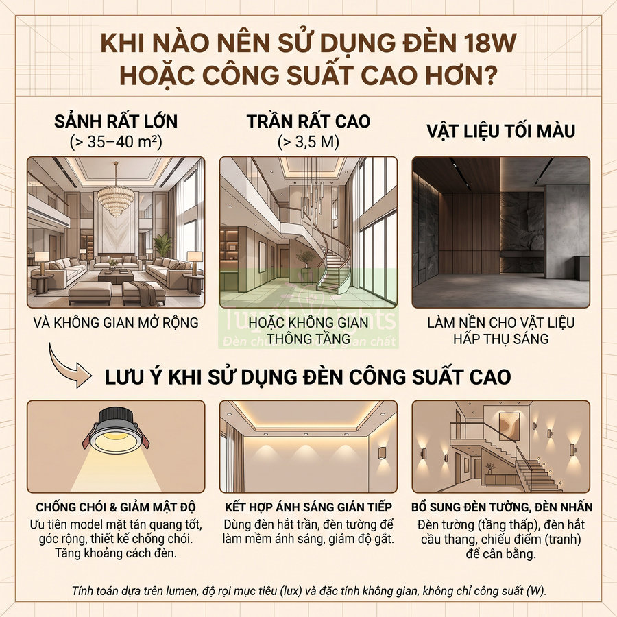 Hướng dẫn chọn đèn LED 18W công suất cao cho sảnh lớn, trần cao, vật liệu tối màu và lưu ý lắp đặt chống chói