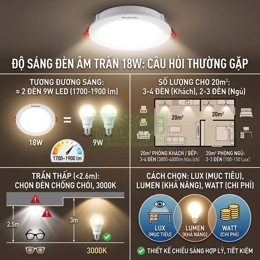 Đèn âm trần Panasonic 18W hướng dẫn chọn số lượng đèn, độ sáng và nhiệt độ màu cho phòng khách và phòng ngủ