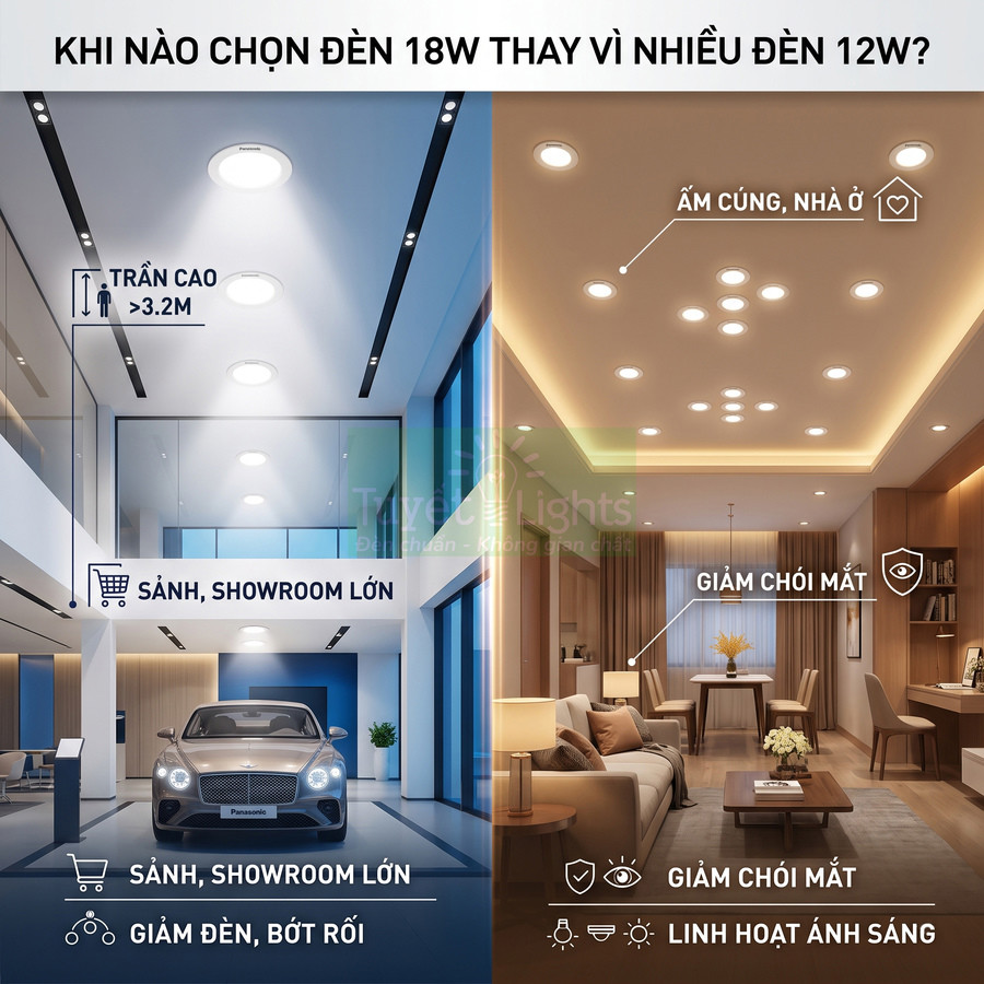 So sánh ứng dụng đèn LED âm trần 18W cho sảnh showroom lớn và đèn 12W cho phòng khách nhà ở ấm cúng