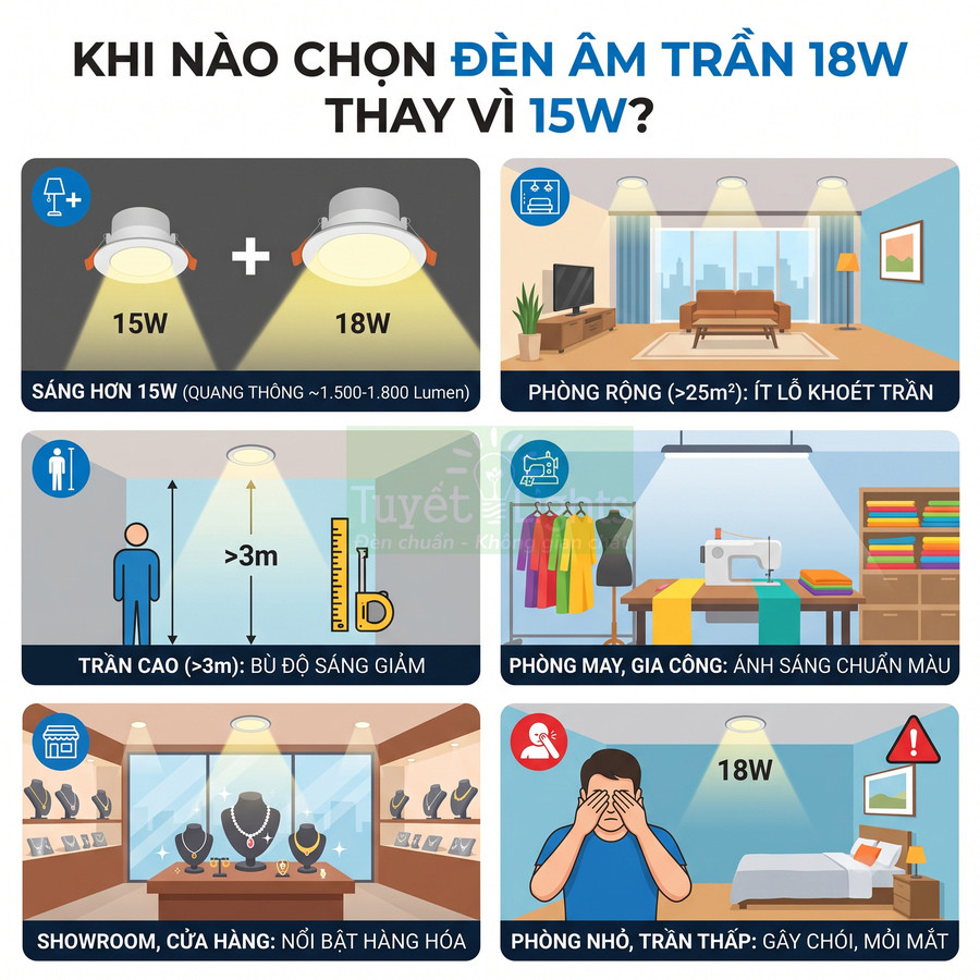 Hướng dẫn chọn đèn âm trần 18W thay 15W cho phòng rộng, trần cao, showroom và phòng may gia công