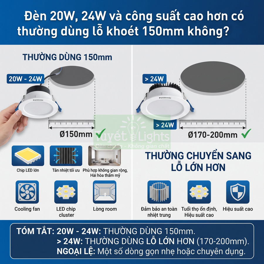 Đèn LED âm trần Panasonic 20W 24W và trên 24W, so sánh kích thước lỗ khoét 150mm và 170 đến 200mm