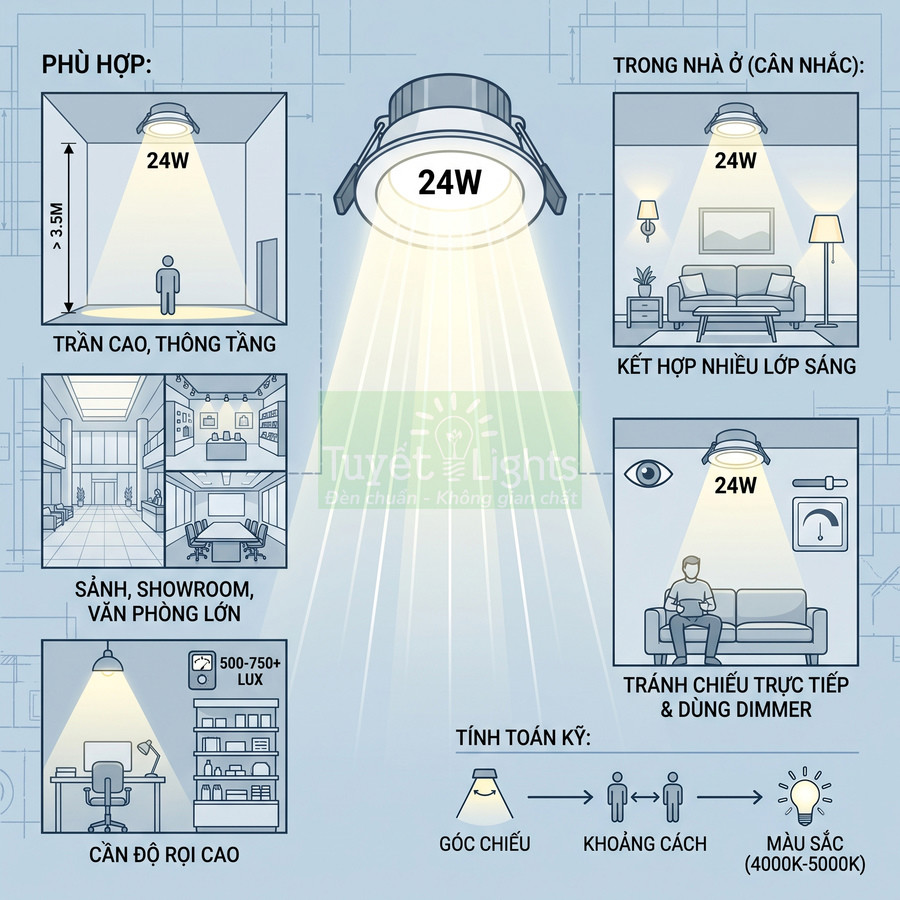 Đèn led âm trần 24W Tuyết Lights chiếu sáng trần cao, sảnh showroom và phòng làm việc