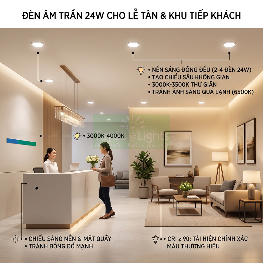 Đèn âm trần 24W chiếu sáng lễ tân và khu tiếp khách với ánh sáng vàng trung tính 3000K 4000K