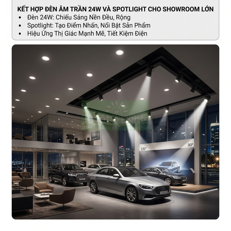 Showroom ô tô cao cấp sử dụng đèn âm trần 24W và đèn spotlight chiếu sáng nổi bật các mẫu xe