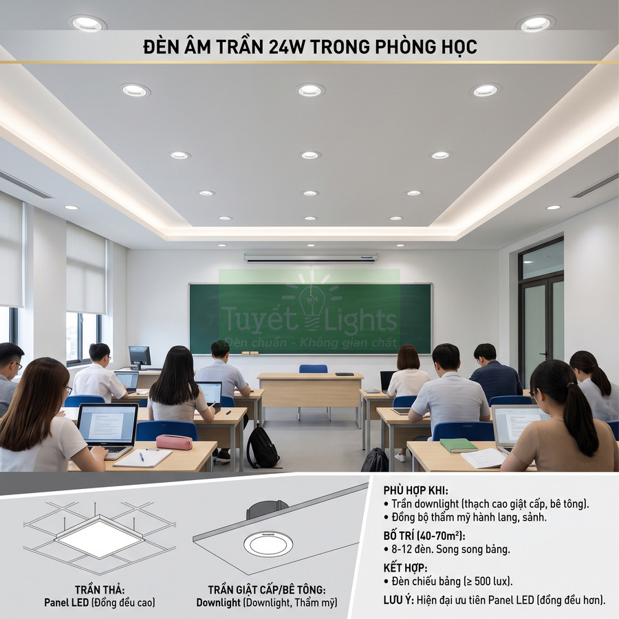 Đèn âm trần LED 24W Tuyết Lights chiếu sáng phòng học hiện đại với sinh viên ngồi học