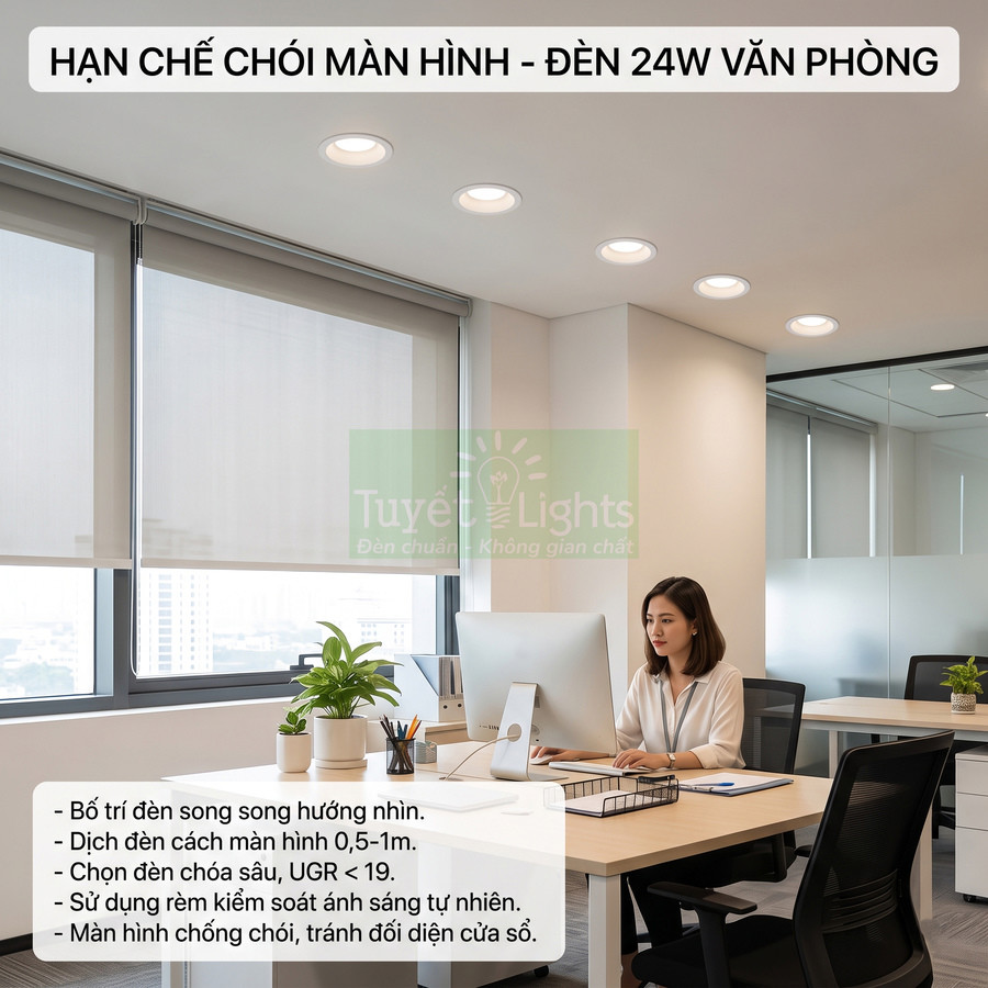 Đèn âm trần văn phòng 24W Tuyết Lights chiếu sáng chống chói cho nhân viên làm việc máy tính