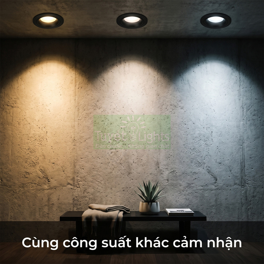 Ba đèn downlight âm trần với ba tông màu ánh sáng khác nhau chiếu lên tường bê tông hiện đại