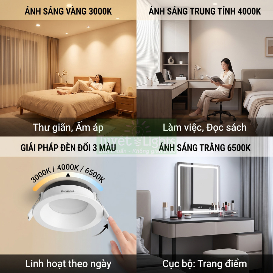 Đèn downlight Panasonic đổi 3 màu 3000K 4000K 6500K cho phòng ngủ làm việc và bàn trang điểm