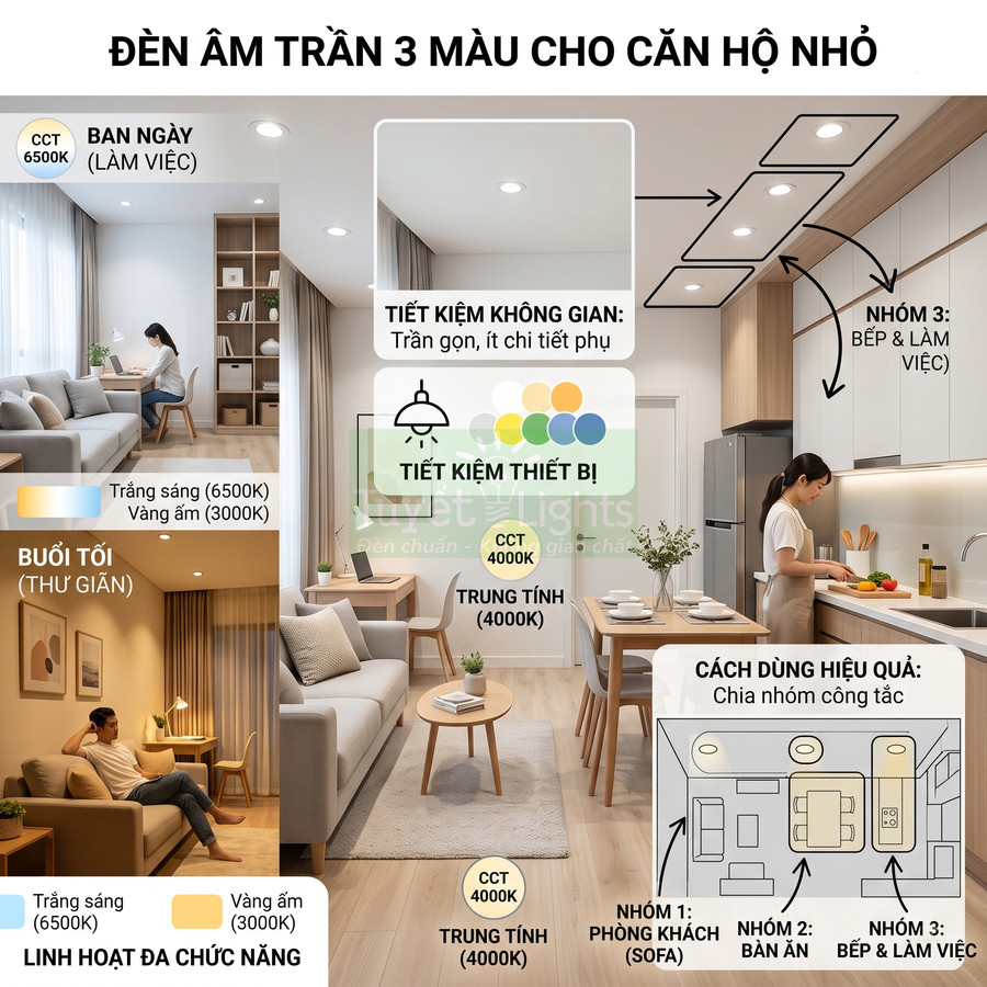 Đèn âm trần 3 màu cho căn hộ nhỏ, chiếu sáng phòng khách, bếp và khu làm việc linh hoạt tiết kiệm điện