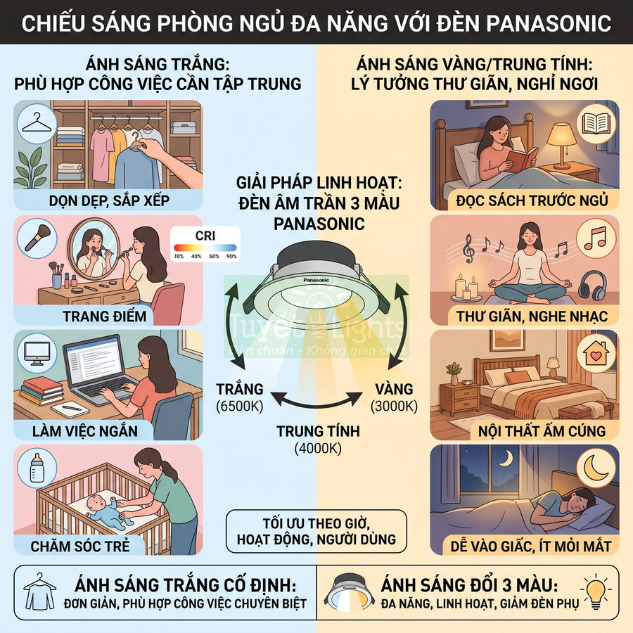 Đèn âm trần Panasonic 3 màu cho phòng ngủ, điều chỉnh ánh sáng trắng vàng trung tính phù hợp nhiều hoạt động