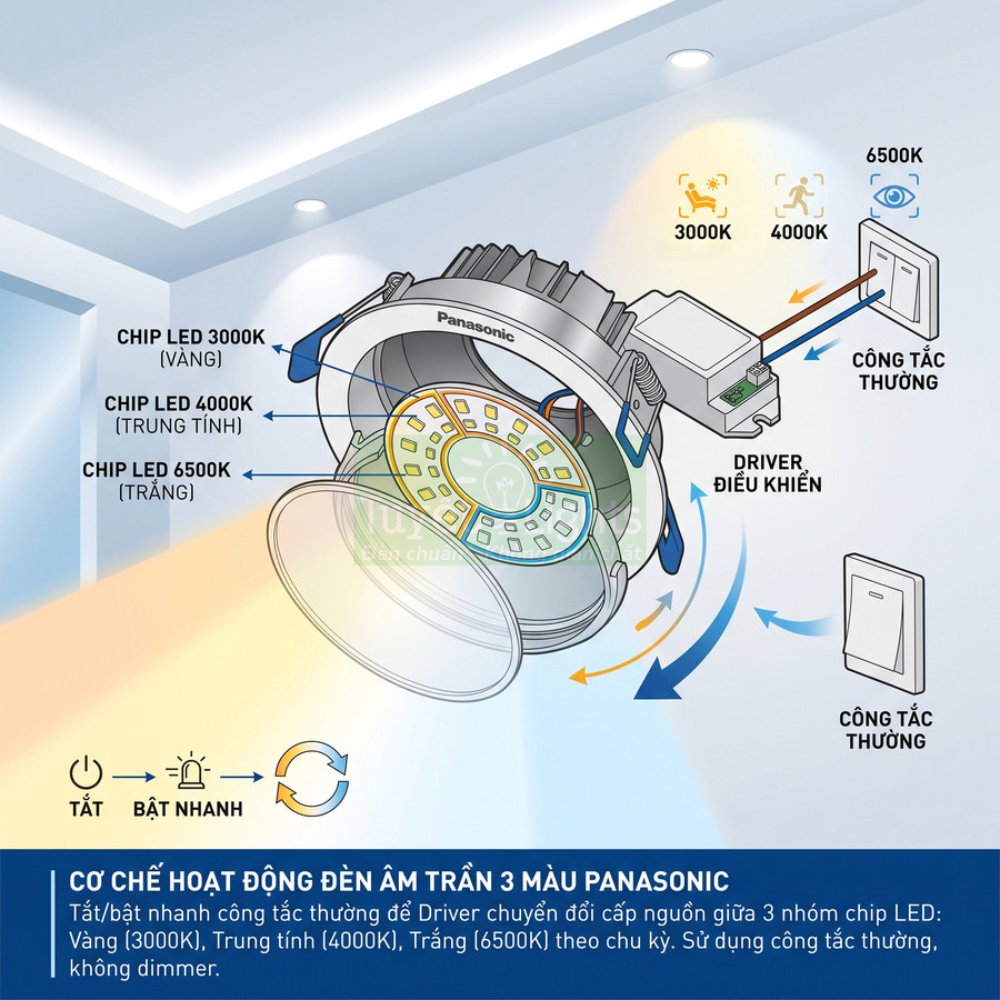 Đèn âm trần Panasonic 3 màu ánh sáng hoạt động như thế nào?