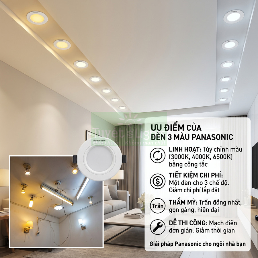 Đèn âm trần LED 3 màu Panasonic lắp trên trần phòng khách hiện đại, ánh sáng vàng trung tính trắng