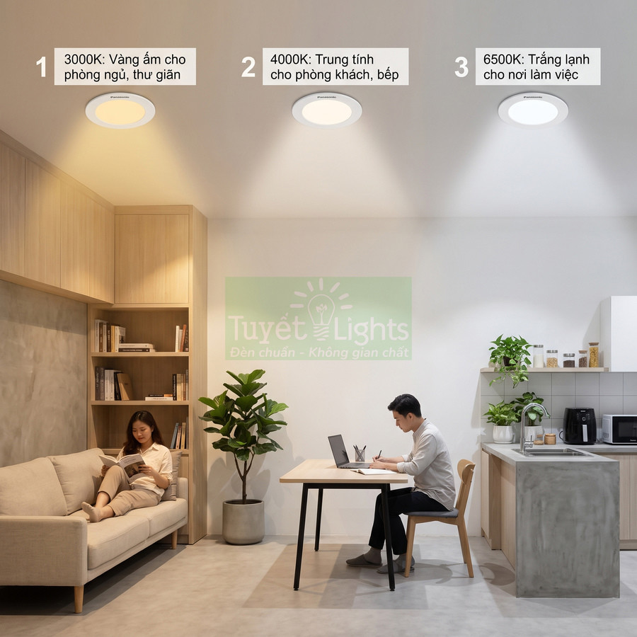 Đèn âm trần Tuyết Lights với ba mức nhiệt màu 3000K 4000K 6500K chiếu sáng phòng khách và góc làm việc