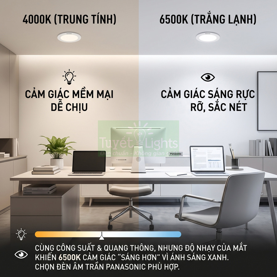 So sánh ánh sáng đèn âm trần Panasonic 4000K trung tính và 6500K trắng lạnh trong phòng làm việc hiện đại