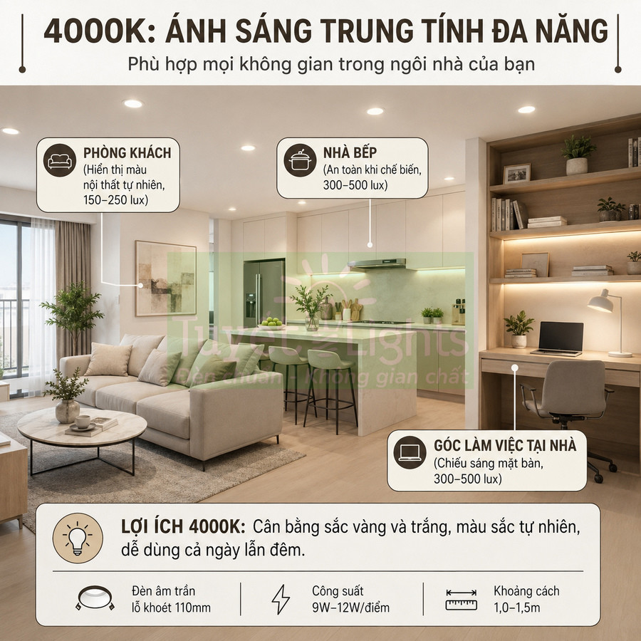 Đèn âm trần ánh sáng trung tính 4000K chiếu sáng phòng khách, bếp và góc làm việc trong căn hộ hiện đại