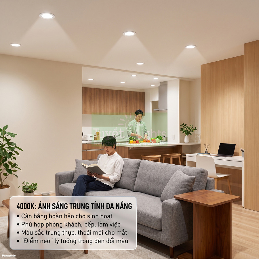 Đèn downlight âm trần Panasonic ánh sáng trung tính 4000K chiếu sáng phòng khách liền bếp hiện đại