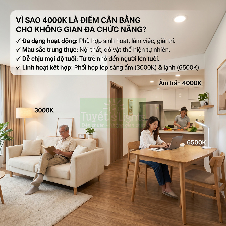 Đèn Tuyết Lights chiếu sáng phòng khách và bếp với ba mức nhiệt màu 3000K 4000K 6500K cho không gian đa chức năng