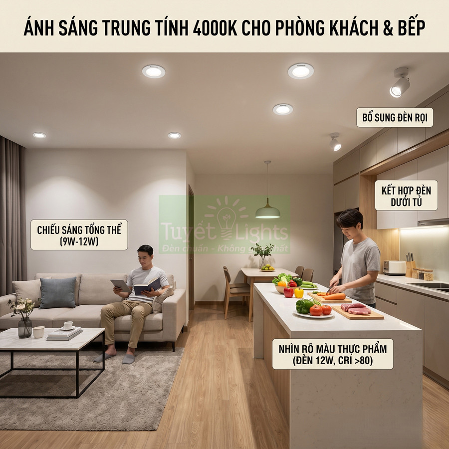 Đèn âm trần ánh sáng trung tính 4000K Tuyết Lights chiếu sáng phòng khách và bếp hiện đại