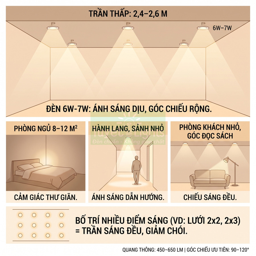 Minh họa bố trí đèn âm trần 6W 7W cho trần thấp, phòng ngủ, hành lang và phòng khách nhỏ ánh sáng dịu đều