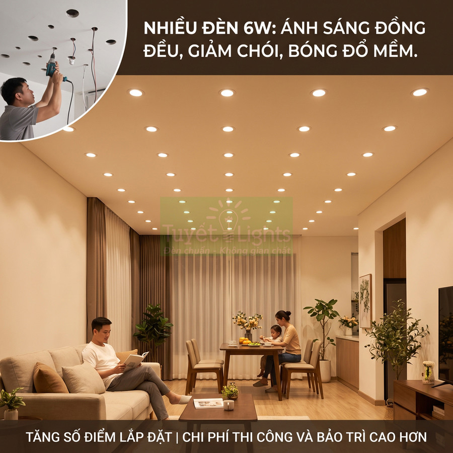Đèn âm trần 6W Tuyết Lights chiếu sáng đều cho phòng khách và phòng ăn gia đình