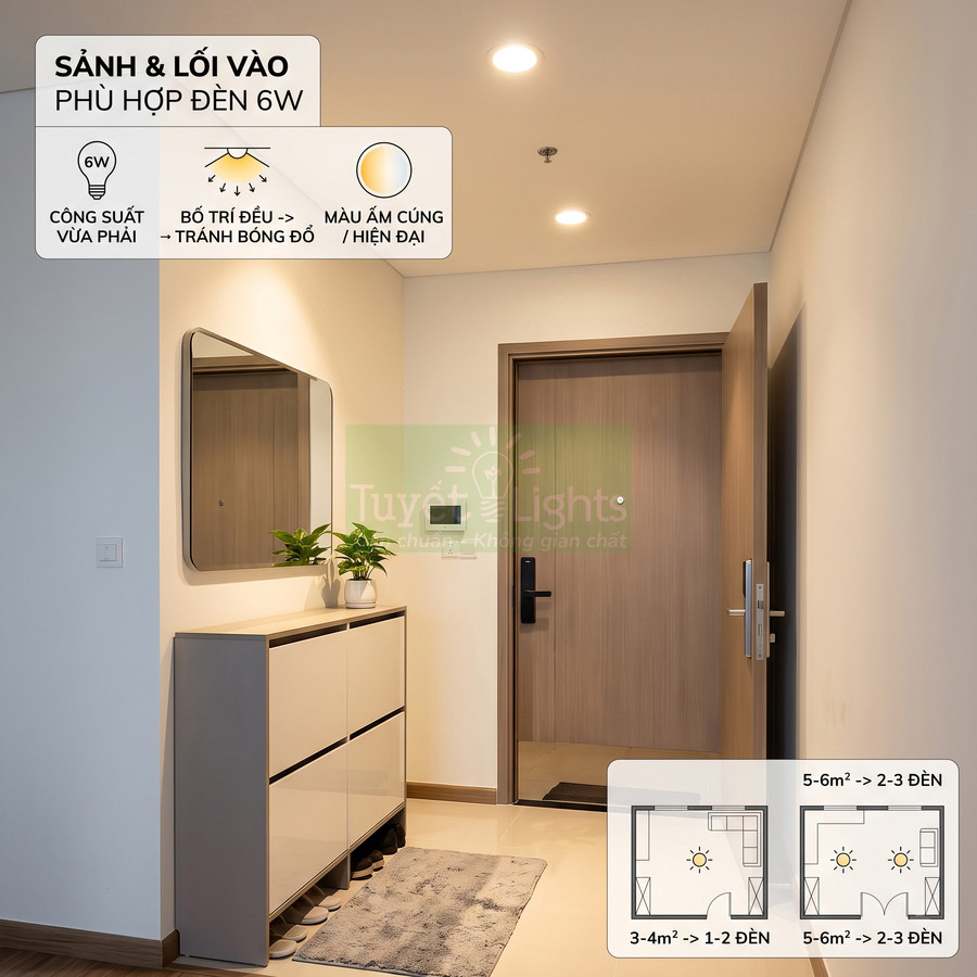 Đèn LED âm trần 6W ánh sáng vàng lắp tại sảnh lối vào căn hộ hiện đại, chiếu sáng đều và ấm cúng