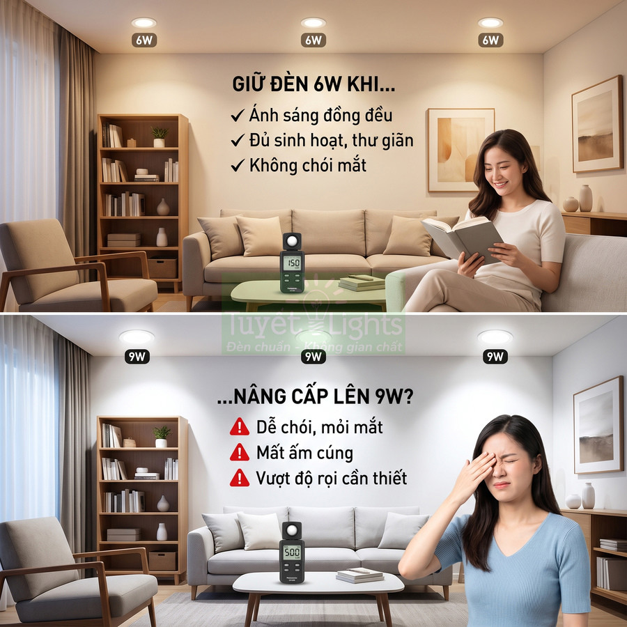 So sánh đèn âm trần 6W và 9W trong phòng khách, minh họa ánh sáng dễ chịu và chói gây mỏi mắt